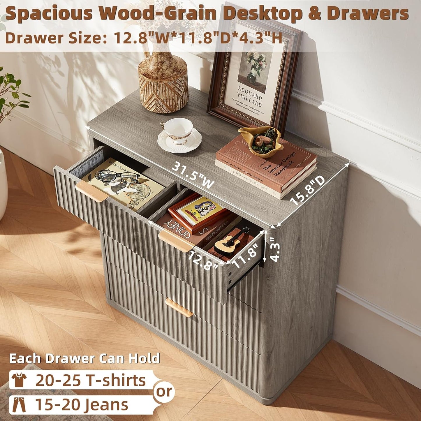 LEYAOYAO Fluted 5 Drawers Dresser for Bedroom Set of 2, 34" Tall Modern Chest of Drawers with Metal Handle, Curved Profile Design,Grey Wood Drawer Organizer for Bedroom, Living Room, Hallway