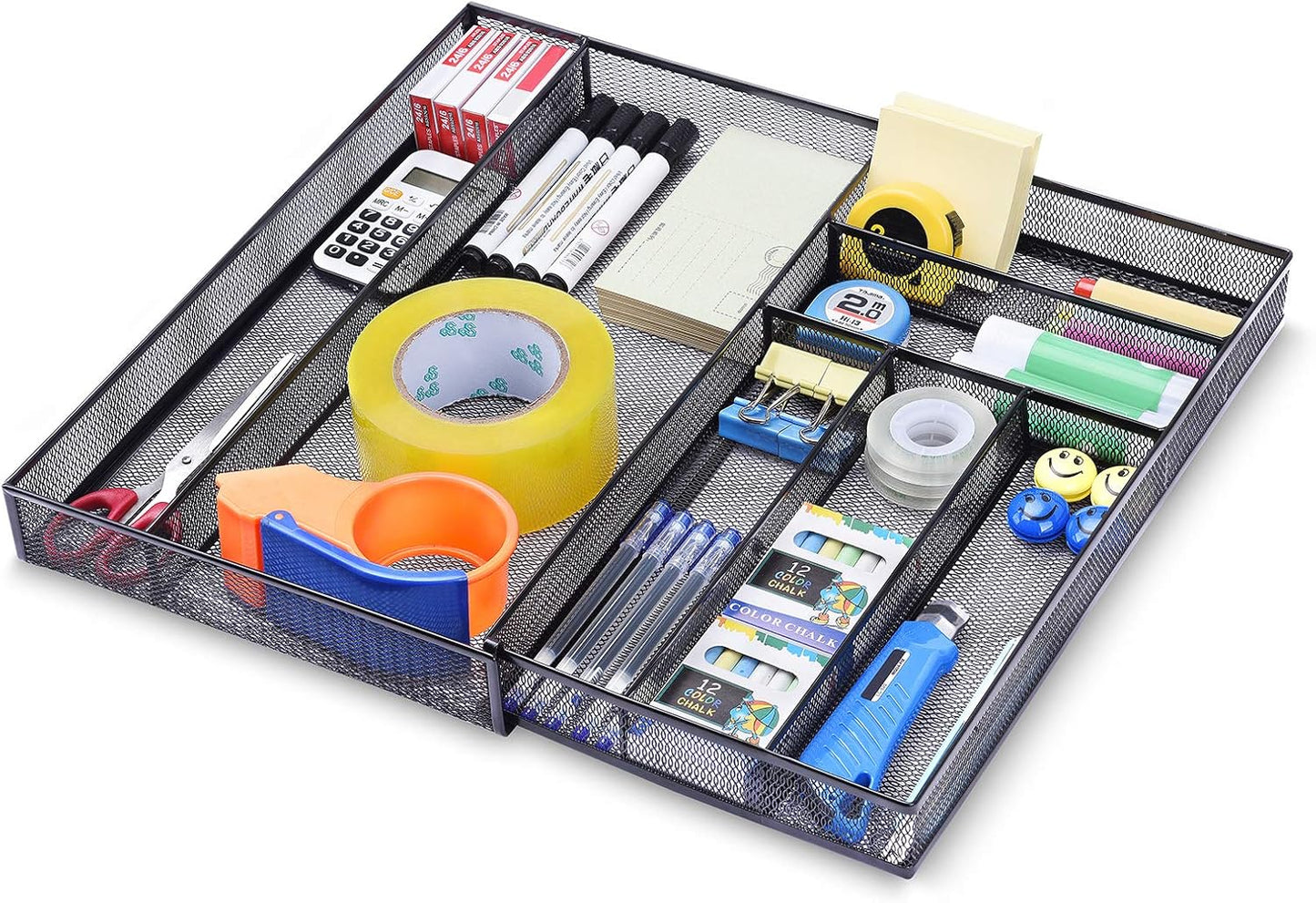 WuGeShop Expandable Office Desk Organizer, 7 compartments Mesh Desk Drawer Organizer Desk Organizer tray, Metal Office Supplies Accessories Storage, Black