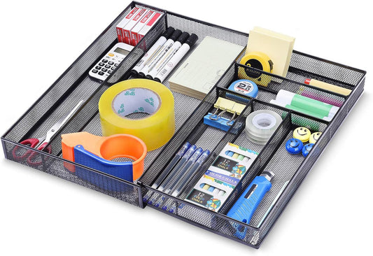 WuGeShop Expandable Office Desk Organizer, 7 compartments Mesh Desk Drawer Organizer Desk Organizer tray, Metal Office Supplies Accessories Storage, Black