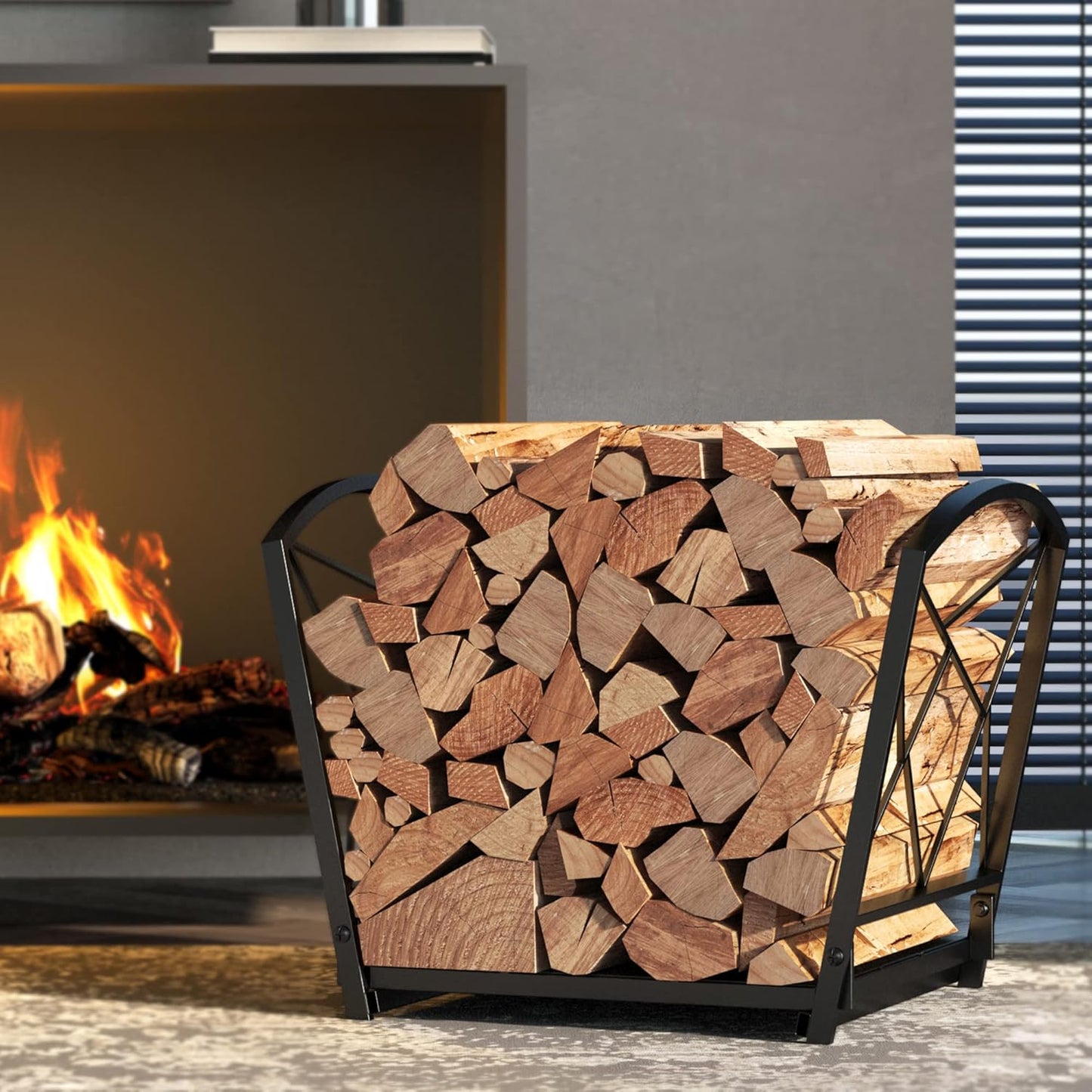 Fire Beauty Firewood Log Rack, Iron Wood Lumber Storage Holder for Fireplace, Heavy Duty Log Storage Bin for Firepit Stove Accessories