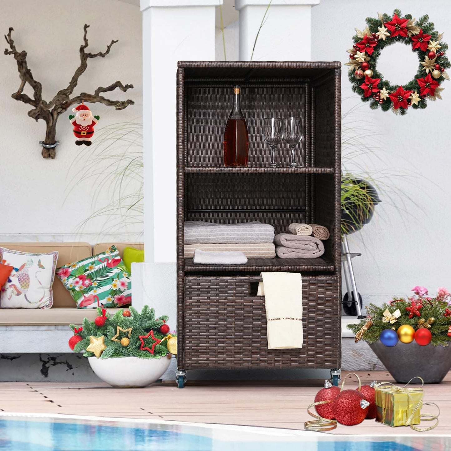 Outdoor Pool Towel Storage Cabinet Organizer Towel Valet Rack with Storage Shelves & Drawer Patio Wicker Pool Towel Holder with Rolling Wheels Poolside Caddy w/Cover for Hot Tub Spa Brown