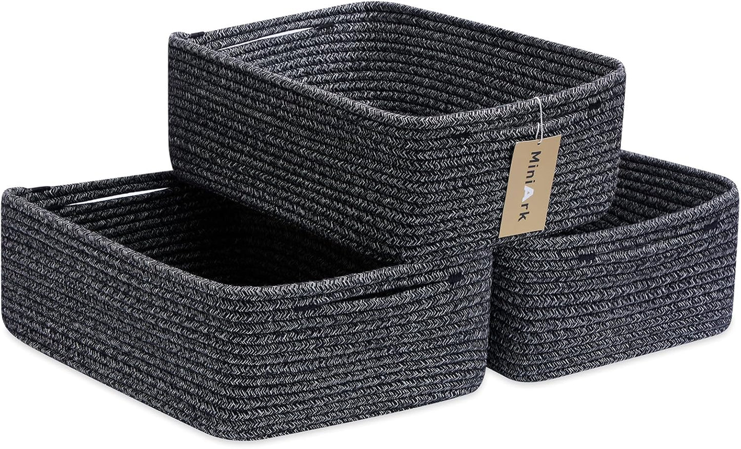 Large Shallow Organizing Baskets 15x11x5.1 Inches - Rope Woven Storage Bins for Bathroom, Shelves, Cube Closet, Mixed Black 3 Packs