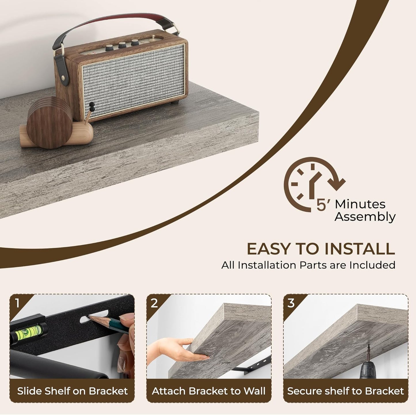 RICHFOCUS 24Inch Floating Shelves for Wall 2 Pack Shelves for Bedroom|Kitchen|Bathroom Wall Mounted Rustic Wood Floating Shelf with Invisible Brackets for Books|Storage|Decor, Grey