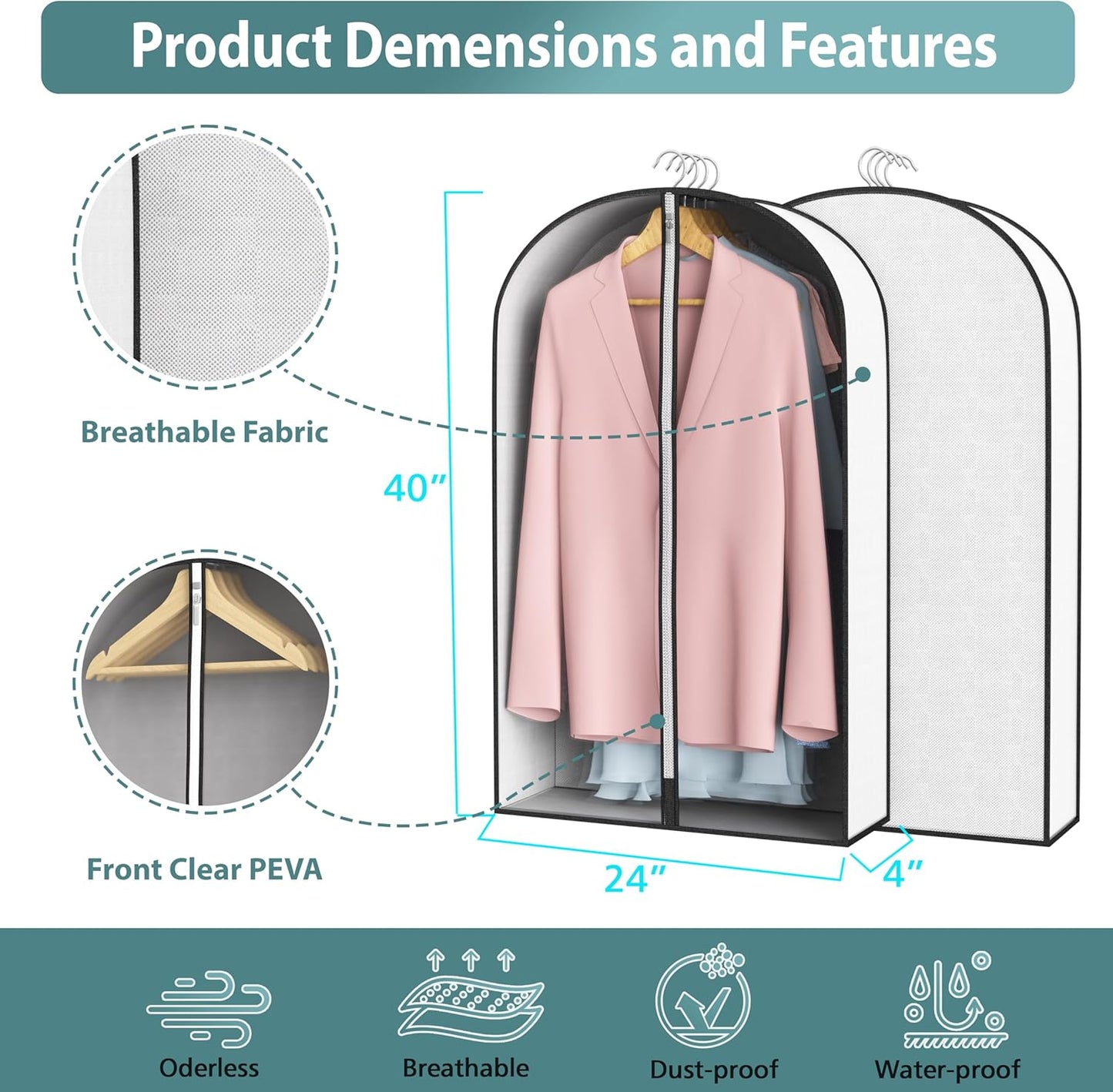 40” Garment Bags for Hanging Clothes 4” Gusseted - with Clear Window, Breathable Fabric, Metal Zipper, Suit Coat Dress Protector for Clothes Closet storage, Season Off, Moving, 3 Pack