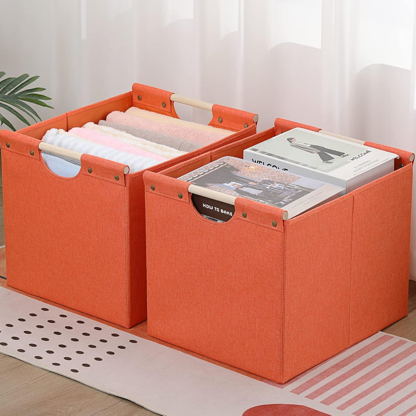 HOONEX Large Collapsible Storage Bins, Linen Fabric, Pack of 2, Storage Baskets with Wooden Carry Handles and Sturdy Heavy Cardboard, for Home, Office, Car, Nursery, Orange