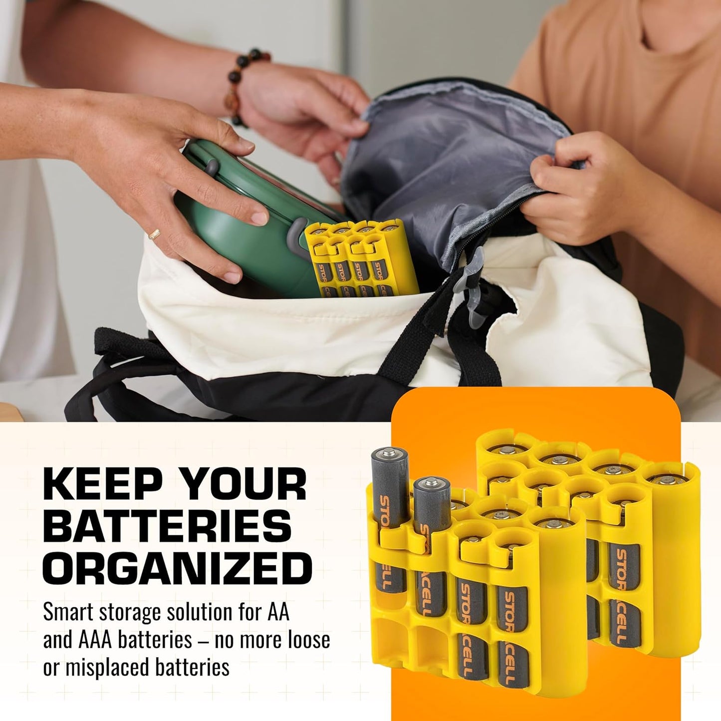 Storacell AA + AAA Combo Battery Storage Caddy and Dispenser (Pack of 2), Yellow, Holds 4 AA + 4 AAA Batteries (Not Included), Durable & Compact, The Original Battery Caddy, Made in USA
