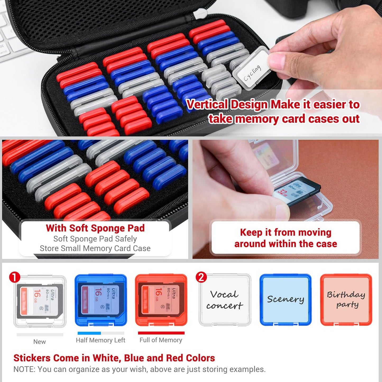 EVA PU Memory Card Case with 48PCS Clear Plastic Memory Card Holder for 24 SD SDHC SDXC & 24 TF MSD Cards,Dual-Protect Water-Resistant Anti-Shock MicroSD SD Card Carrying Organizer with Label