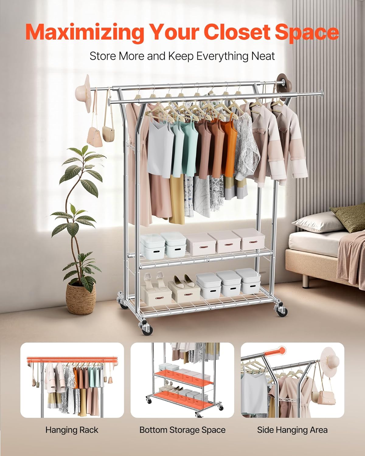 VEVOR Clothes Rack, Rolling Clothing Garment Rack, Extendable Carbon Steel Clothing Racks with Wheels for Bedroom, Laundry, Living Room