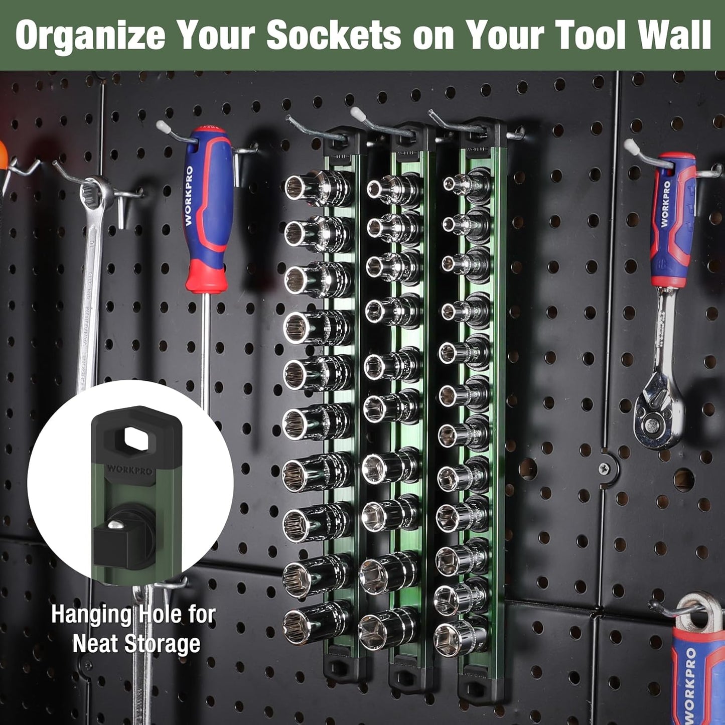 WORKPRO Magnetic Socket Organizer, 1/4-Inch Drive Aluminum Alloy Socket Rail, Heavy Duty Socket Holder, Socket Rack Kit 1/4-Inch x 12 Clips Green (Socket not Included)