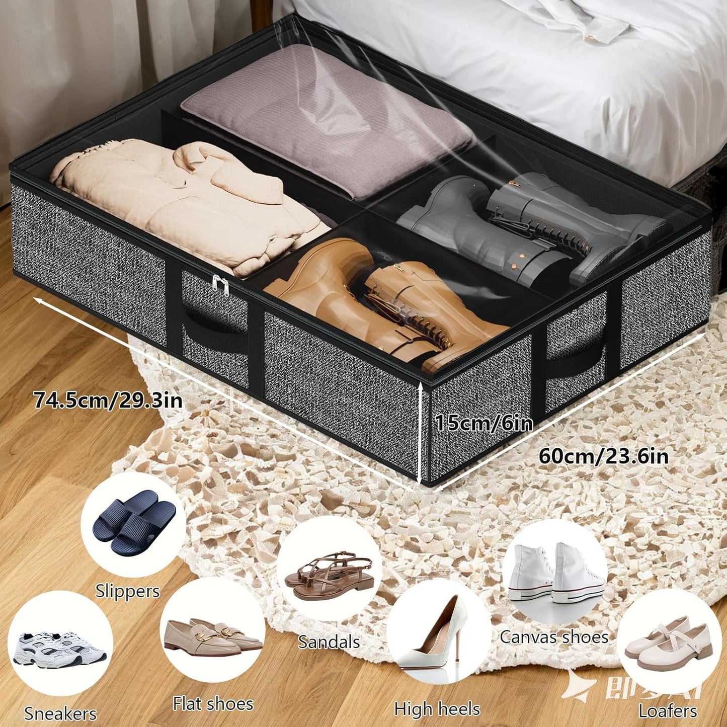 homyfort Under the Bed Shoe Organizer Fits 12 Pairs and 4 Pairs Boots,Sturdy & Breathable Materials,Underbed Storage Solution for Kids Men & Women Shoes,Great Space Saver for Your Closet Set of 2