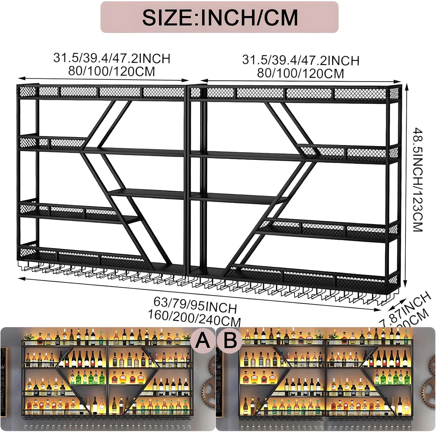 63in Metal Wine Rack Wall Mounted, Modern Wine Storage Rack Wall Mounted with Wine Glass Holder, Liquor Shelf, Bar Shelves for Liquor Bottles (4 Tiers Black, 63 * 7.87 * 48.5INCH)