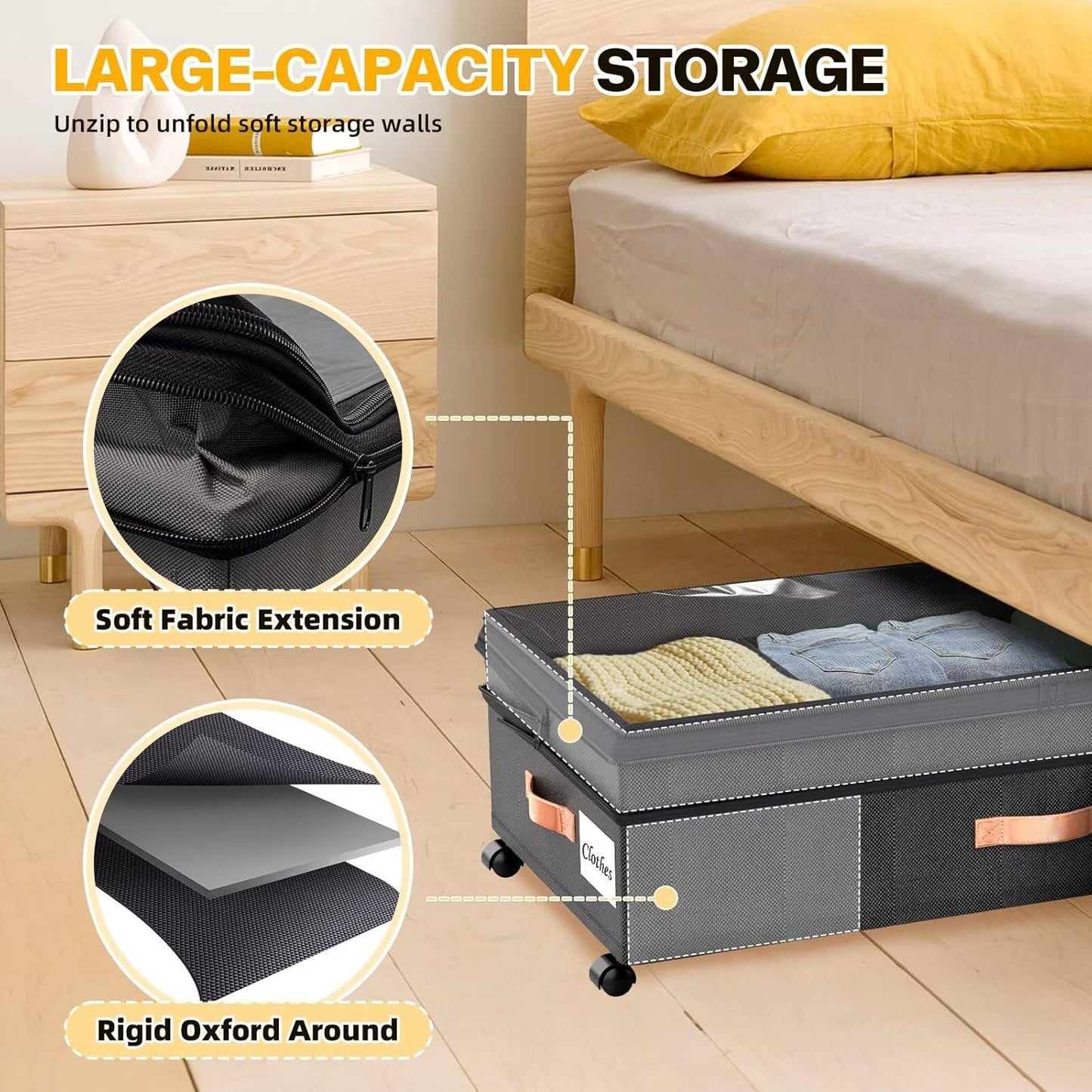 Under Bed Storage with Wheels, 2 Packs XXL Underbed Organizer with Lid, 10'' Adjustable Height Shoes Containers Clothes Rolling Bin for Bedroom Dorm, Grey