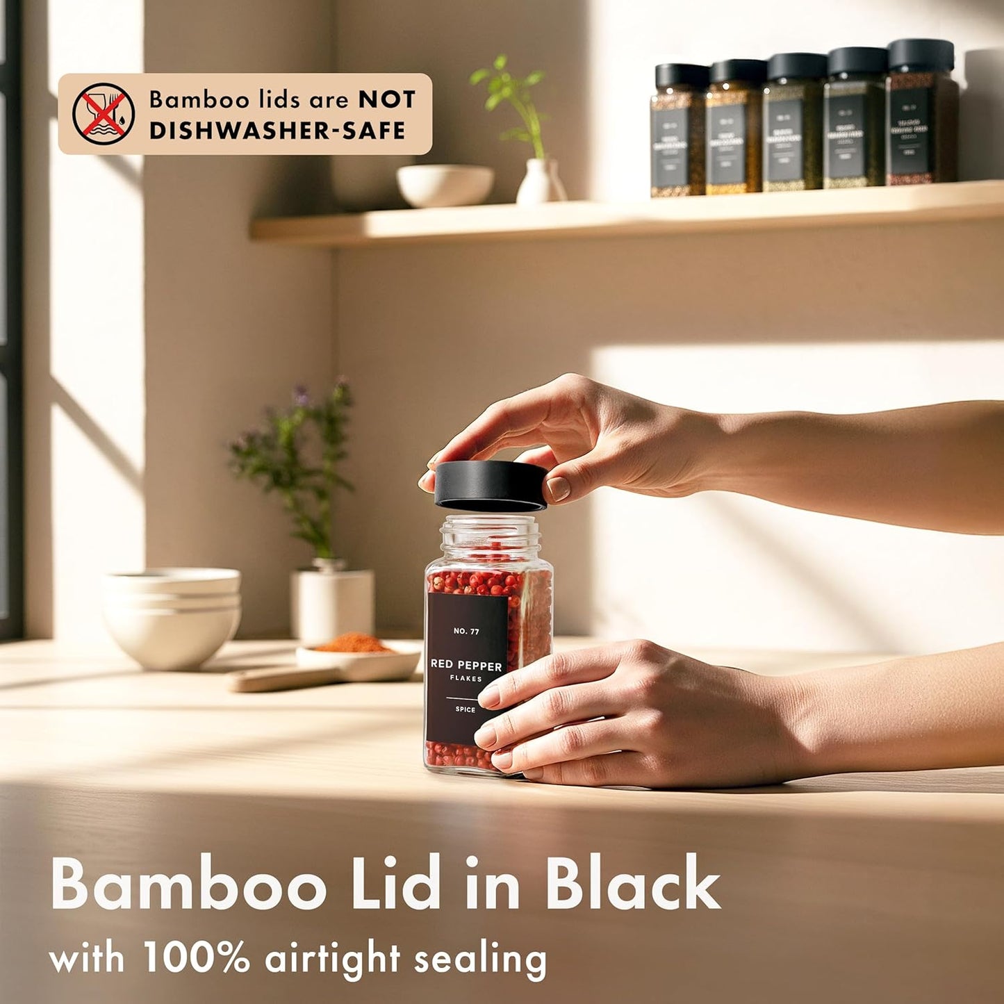 Square Spice Jars with Black Bamboo Wooden Lid (Pack of 24) Spice Jars with Shaker Insert and 240 Labels - Bamboo Lid Glass Container for Spice Organisation [4.3 in × 1.8 in]
