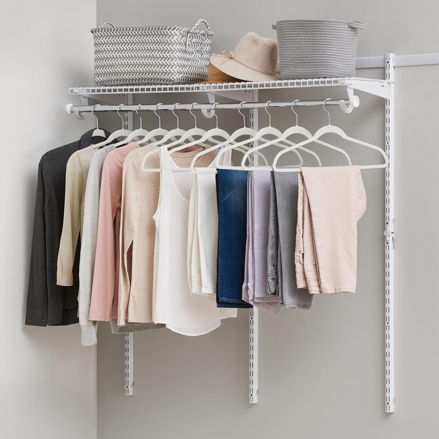Rubbermaid Configurations Custom Closet Kit 2-4 Ft. Adjustable Metal Wire Shelving White Finish Expandable Organization System Hardware Included for Home Closet/Pantry/Laundry/Mudroom