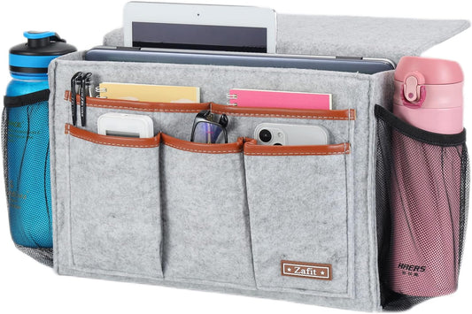 Bedside Caddy, Large Size Bedside Storage Organizer Bedside Organizer Caddy for Magazine Remotes Phone (13.4'' x 18.1'' Plus Size, Light Grey)