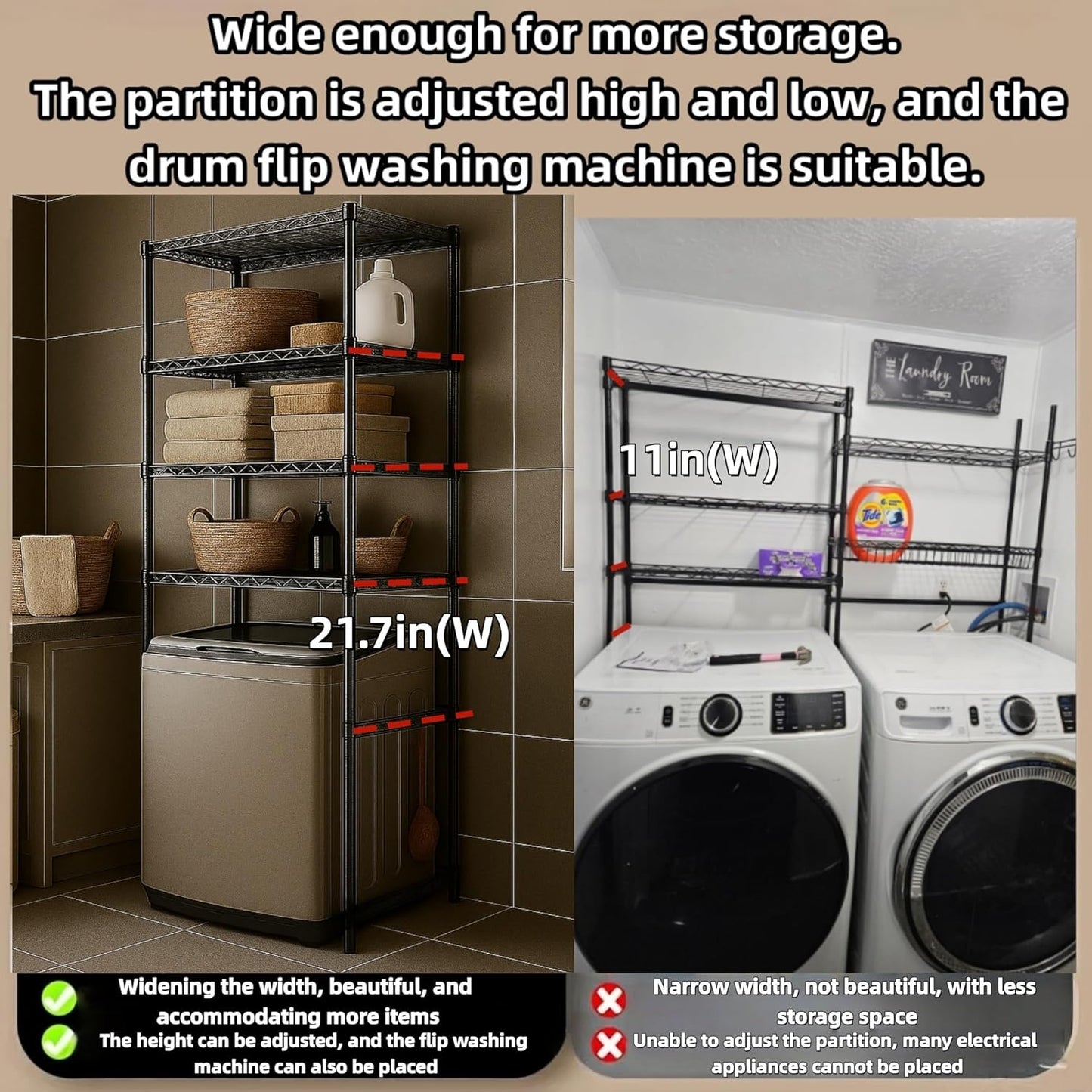 Washer, Dryer and Refrigerator Top Shelf - Extra-Wide Design, Thickened Structure, Washing Machine Rack,Height-Adjustable, Laundry Room Shelves Organizer，Over Dryer Storage(Black)