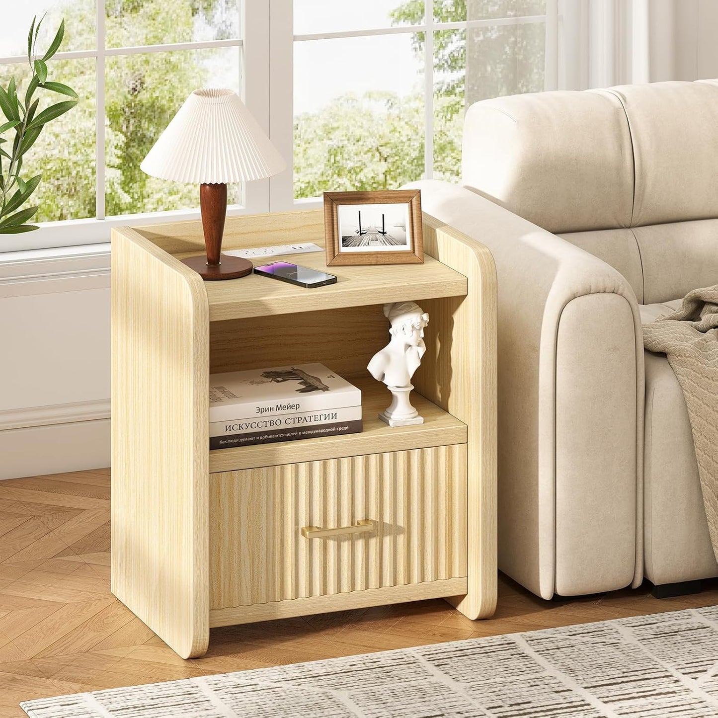 Night Stand with Charger Station, Fluted Nightstands Set of 2 with Drawer, Modern Bedside Table Set of 2, Wide Nightstands for Bedroom, Mid Century Wooden Night Stands for Home Sofa Couch
