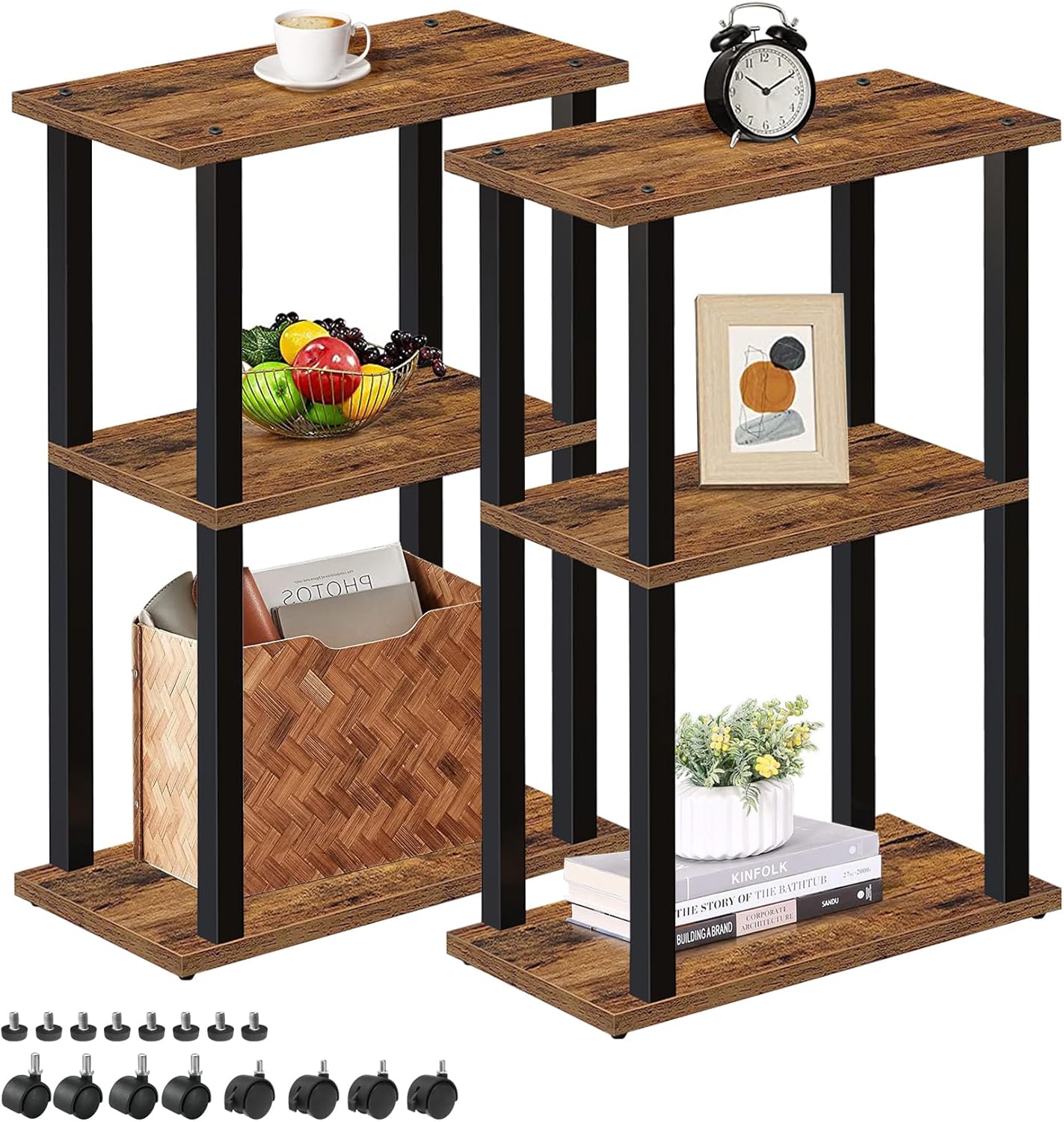 TUTOTAK Small Side Table, Narrow End Table, Bedside Table, Set of 2, Couch Side Table with Wheels for Living Room or Bedroom, Brown TB01BB0612