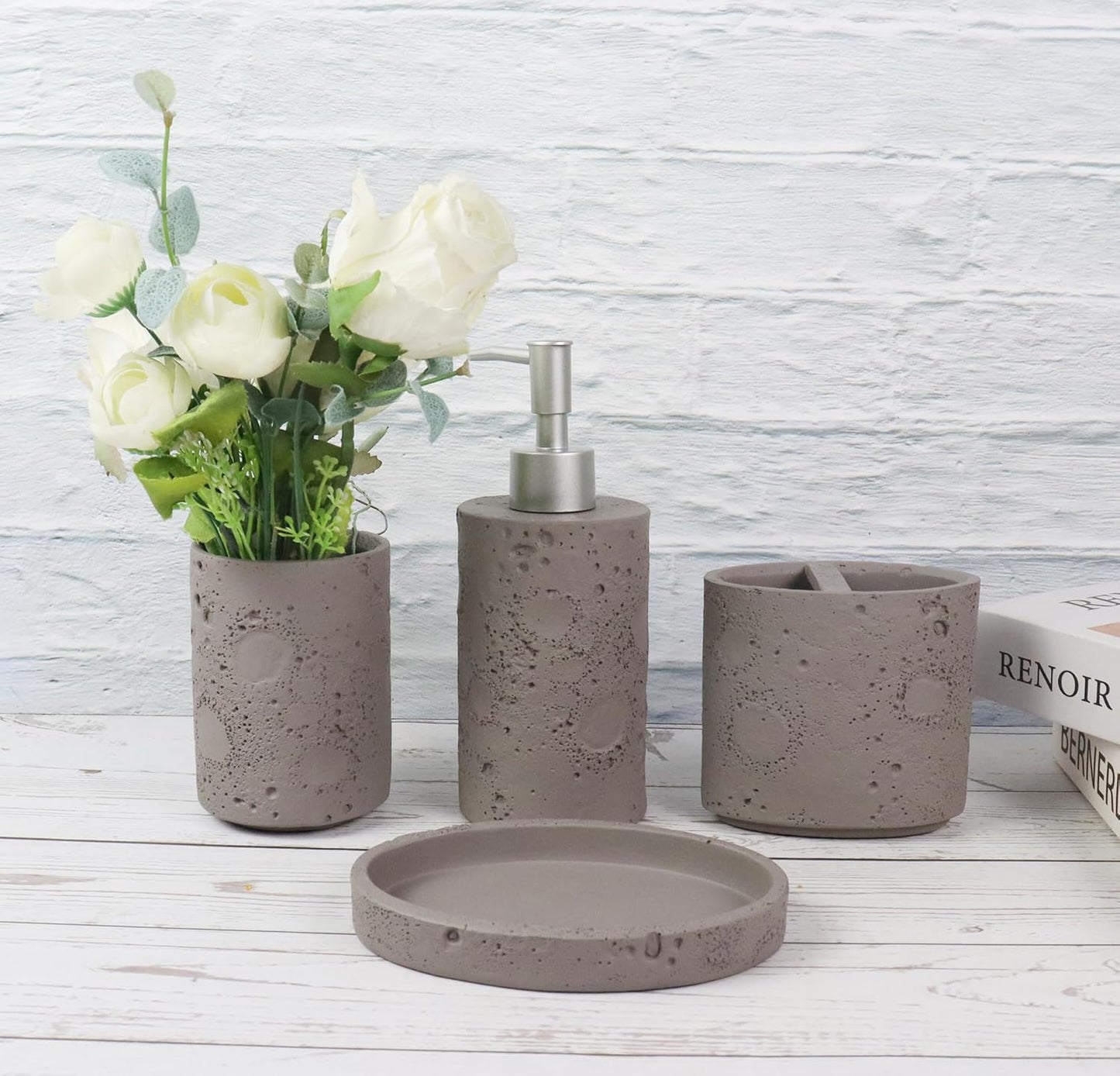 Hymmah Meteorites Bathroom Accessories Set,Farmhouse Bathroom Decor,4 Pcs Resin Gift Set Apartment Necessities, Contain Cotton Swab Jar,Soap Dispenser,Tumbler，Soap Dish/Tray