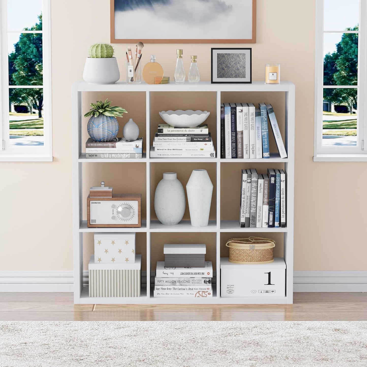 Cube Storage Organizer Bookcase, Decorative 11 inch Open Back Cubical Shelf with Thickened Border, Display Bookshelf for Living Room, Home Office, Sturdy Room (White, 9 Cube)