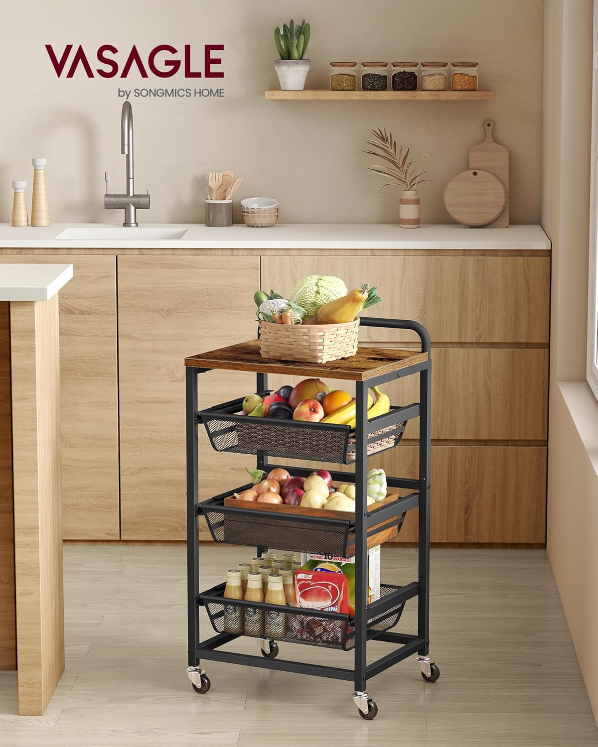 VASAGLE Storage Cart with Pull-Out Baskets, 4-Tier Kitchen Cart with Wheels, Handle, 12.5 x 15.8 x 29.9 Inches, Rustic Brown and Ink Black ULRC040K01