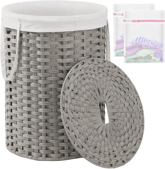Laundry Basket with Lid Round Rattan Laundry Hamper with Lid and Handles 29.1 Gal (110 L) Handwoven Woven Basket with Removable Bags and 2 Mesh Bags for Bathroom Living Room Gray