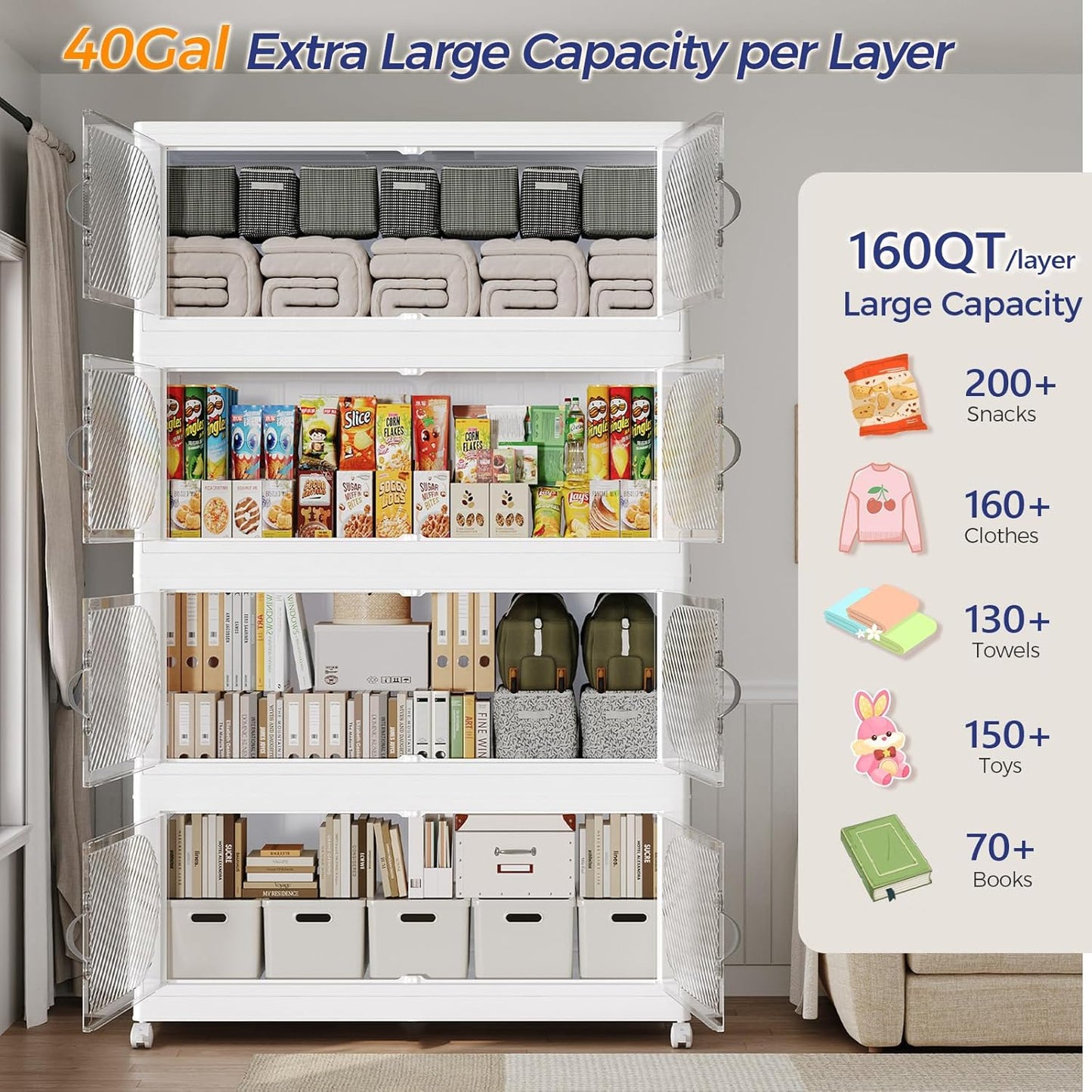 960QT Extra Large Stackable Storage Bins with Lid & Wheels & Doors, 240Gal Foldable Collapsible Closet Organizers, Plastic Cabinet Box Container Drawer for Home Kitchen Bedroom, 6Pack White