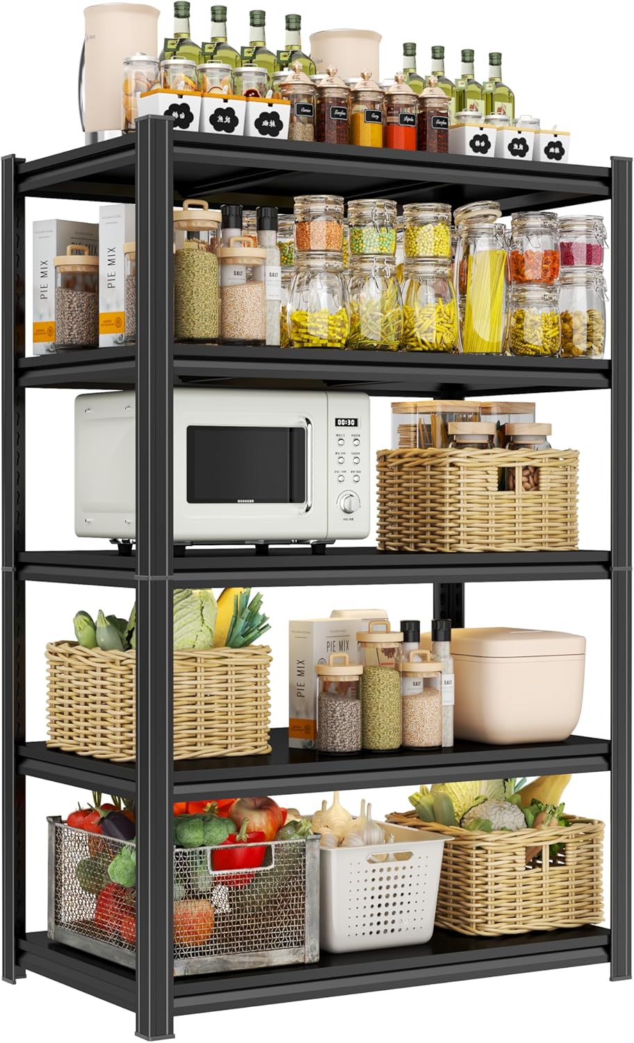 Kitchen Shelf 5 Tier Storage Shelves Adjustable Garage Shelving Unit 2500LBS Metal Shelving Heavy Duty for Industrial, Warehouse, Basement, Commercial, Black