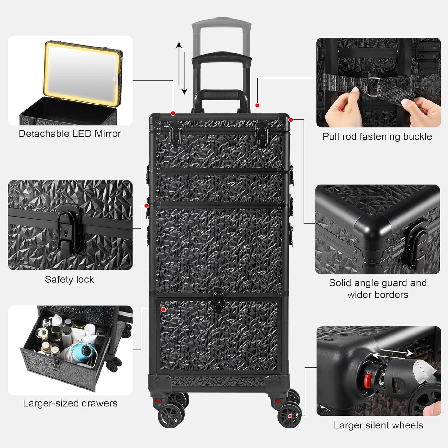 Rolling Makeup Case with Lighted Mirror, Makeup Train Case with Large Drawer, Cosmetology Case, Travel Makeup Organizers, Professional for Salon Barber, Nail, Tattoo, Black