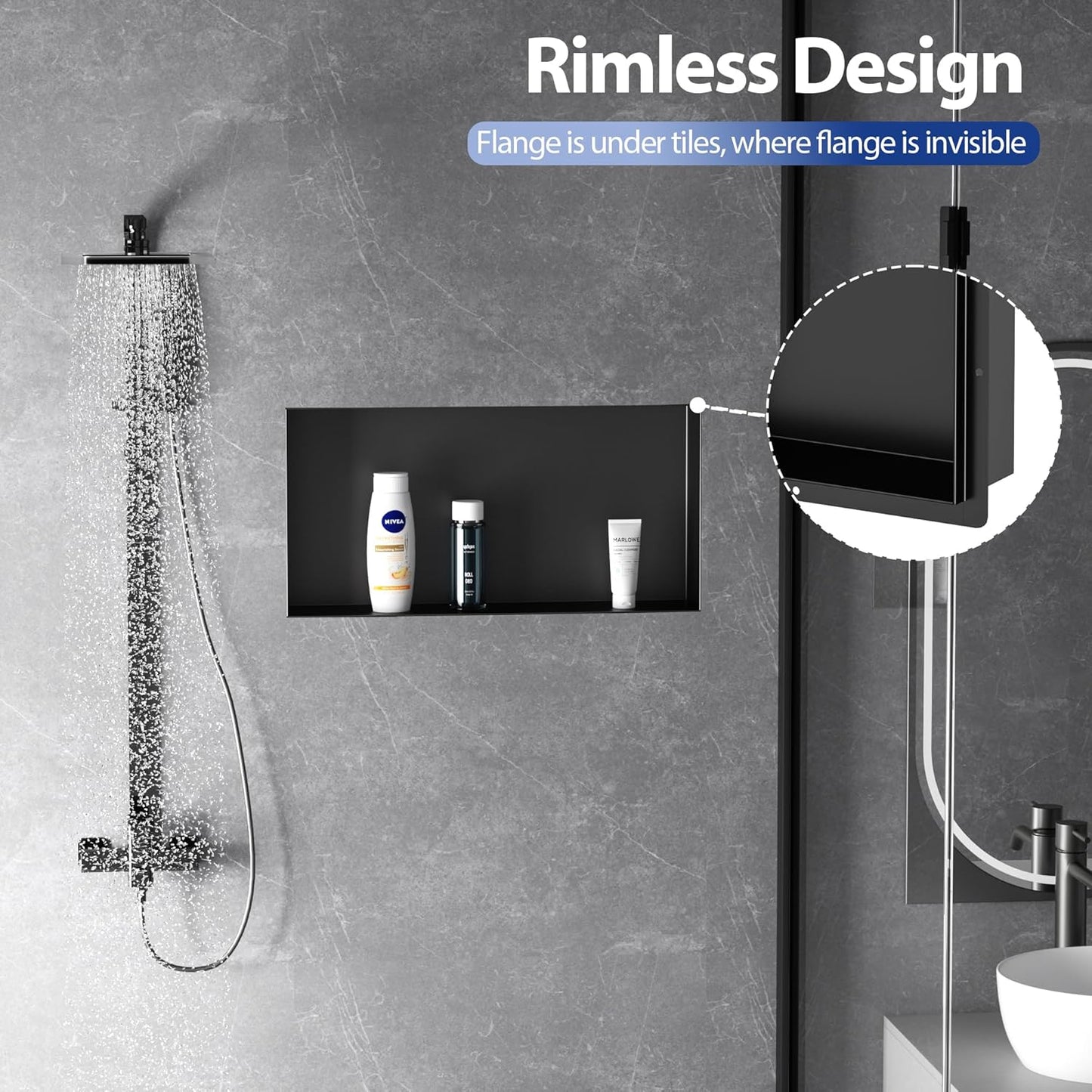 Stainless Steel Shower Niche 24" X 12", No Tile Needed Wall Niche Shower, Recessed Shower Shelf for Bathroom Storage, Matte Black