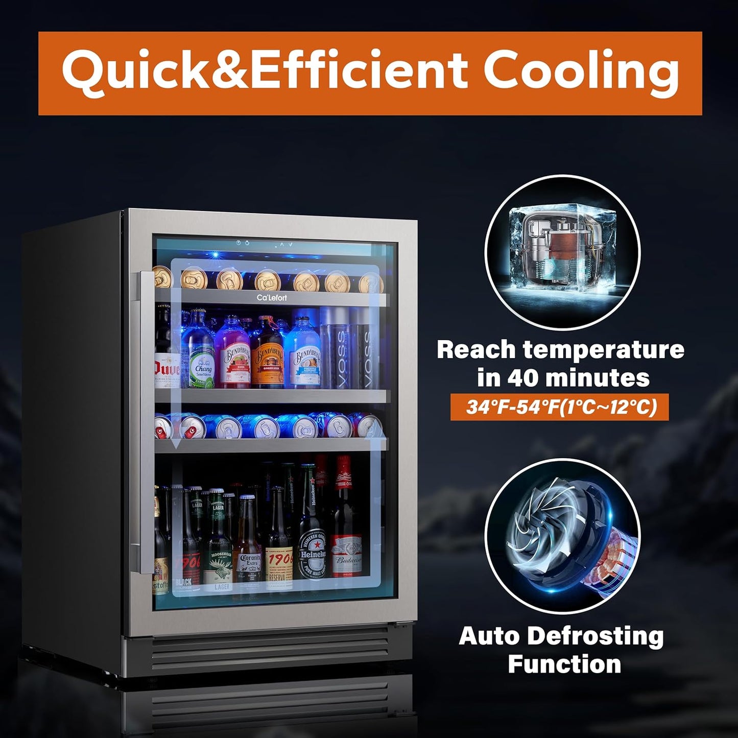 Ca'Lefort 24 Inch Beverage Refrigerator - 220 Can Beverage Fridge with 34° -54°F, Built in or Freestanding Beverage Cooler with Glass Door and 3 LED, Drink Fridge for Home/Kitchen(5.65 cu.ft)