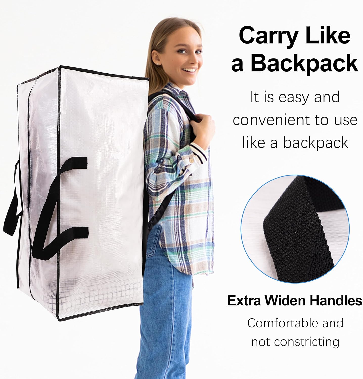 6 Pack Heavy Duty Large Moving Bags W/Backpack Straps - Strong Handles & Zippers, Storage Totes For Space Saving, Fold Flat, Alternative to Moving Box and Storage Bin, Semi-Transparent
