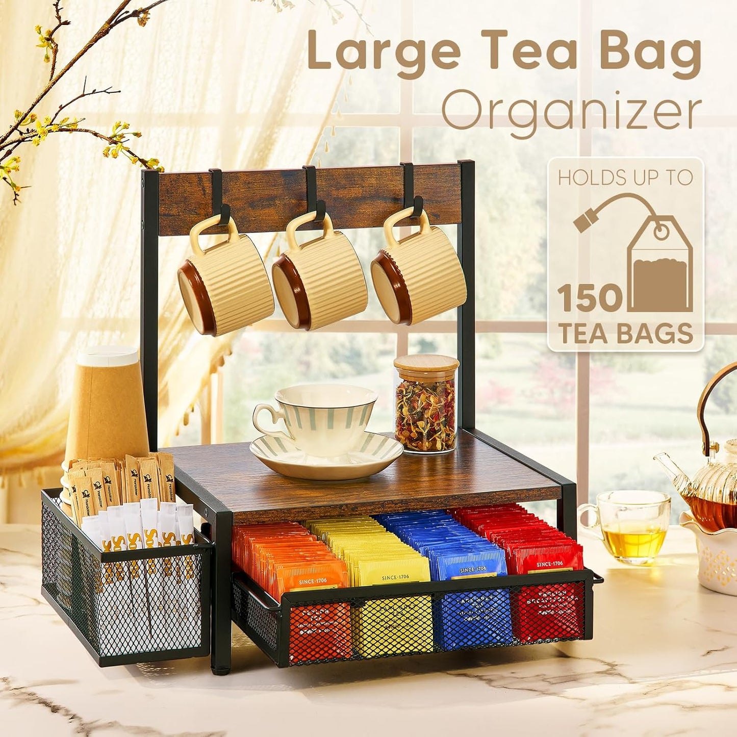 Tea Bag Organizer, Wood Tea Organizer and Storage Cheast, Tea Bag Holder with Storage Drawer, 4 Hooks for Tea Cups Holder, Tea Station Chest Display Container Box for Countertop Kitchen