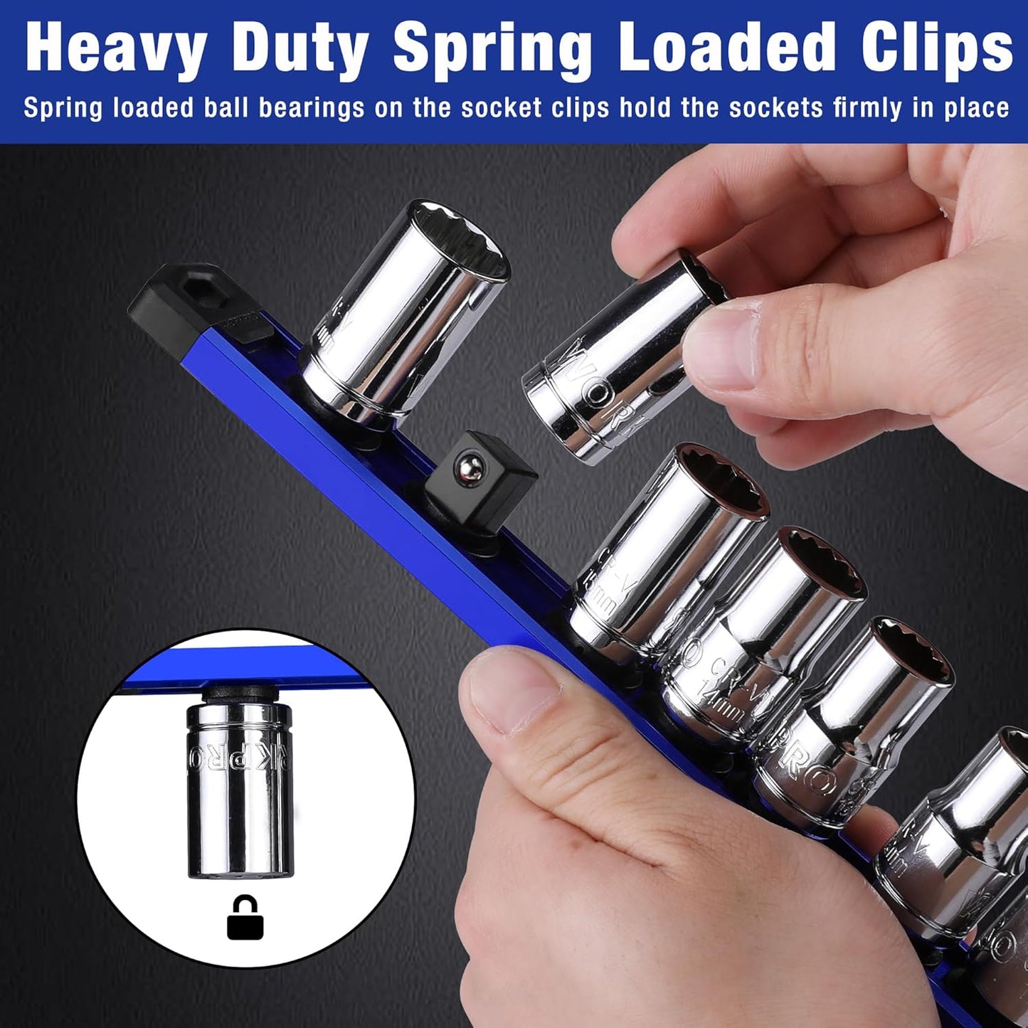 WORKPRO Magnetic Socket Organizer - 6-Piece Aluminum Alloy Socket Rail, Heavy Duty Socket Holder - Set: 1/4-Inch x 12 Clips, 3/8-Inch x 10 Clips, 1/2-Inch x 10 Clips