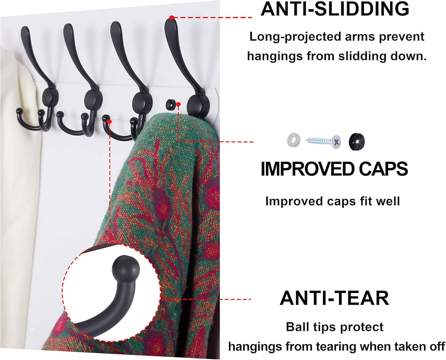 Dseap Wall Mounted Coat Rack - 5 Tri Hooks, Heavy Duty, Stainless Steel, Metal Coat Hook Rail for Coat Hat Towel Purse Robes Mudroom Bathroom Entryway,White & Black
