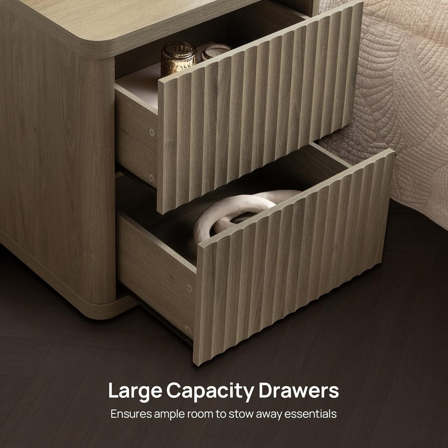 SICOTAS Night Stand Nightstand with 2 Drawers Storage Bedside Table Large Fluted Bed Side End Table Modern 24.4" Tall Wide Night Stands for Bedroom Living Room Sofa Couch Home Office, Grey Alder