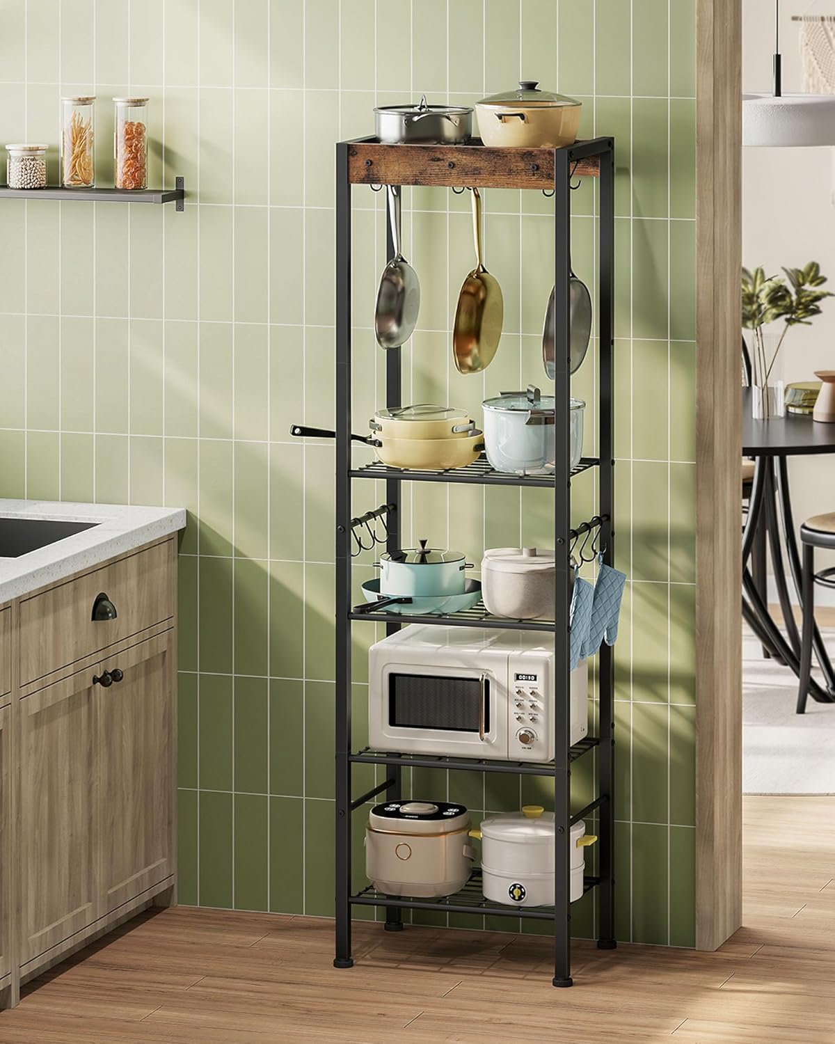 5-Tier Pot Rack, Floorstanding Pots and Pans Organizer, Kitchen Bakers Rack, Kitchen Island Table, Pots and Pans Organizer, Storage Stand, for Living Room, Rustic Brown and Black TPR16BF