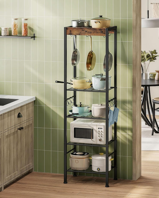 5-Tier Pot Rack, Floorstanding Pots and Pans Organizer, Kitchen Bakers Rack, Kitchen Island Table, Pots and Pans Organizer, Storage Stand, for Living Room, Rustic Brown and Black TPR16BF