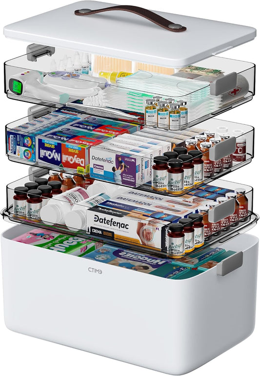 CTIME 4-Tier XL Medicine Organizer - Portable Medicine Cabinet with Leather Handle, Empty First Aid Kit for Home, School, Dormitory, Travel, RV, Dorm | Ideal Elderly Gift, Christmas Stocking Gift