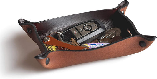 Main Street Forge Leather Valet Tray for Men – Rustic EDC Organizer for Keys, Phone & Wallet – Made in USA – Whiskey Barrel Brown