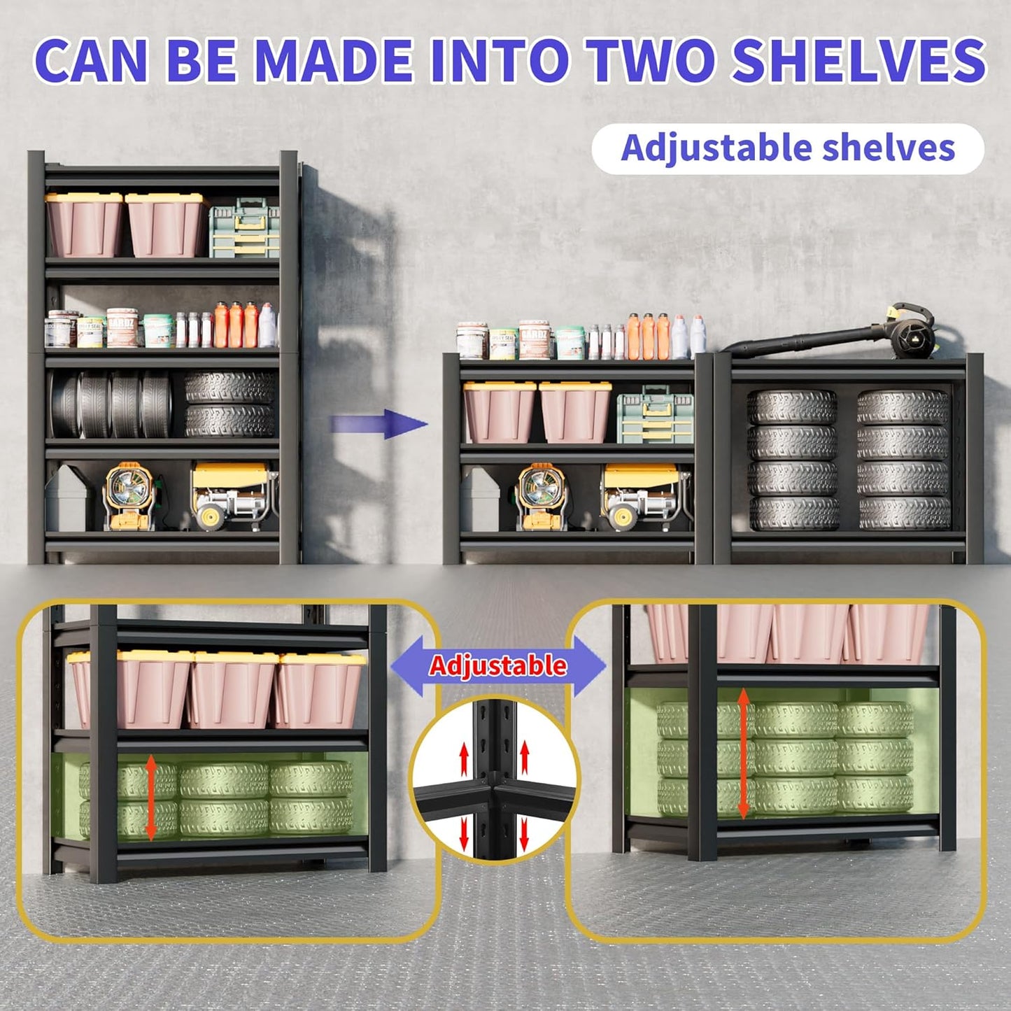Garage Shelving Unit 24" D x 48" W x 87" H Heavy Duty Storage Shelves Easy Assembly 5 Tier Adjustable Metal Shelving Utility Shelf Rack Garage Storage Organizer for, Basement, Warehouse