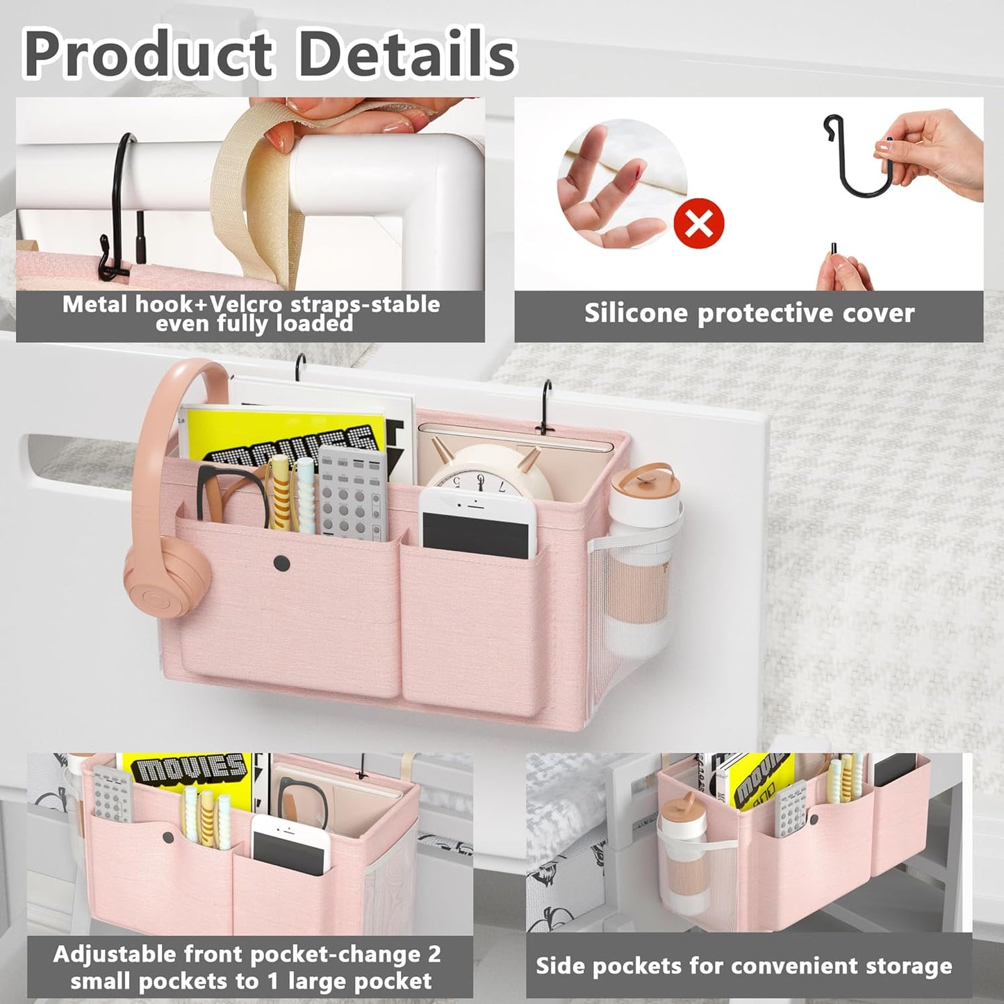 Bedside Caddy Bedside Organizer with Fixed Straps & Water Bottle Holder, Bunk Bed Caddy ideal for Home, Dorm, Hospital, Crib, Versatile Bedside Storage Solution (Pink)