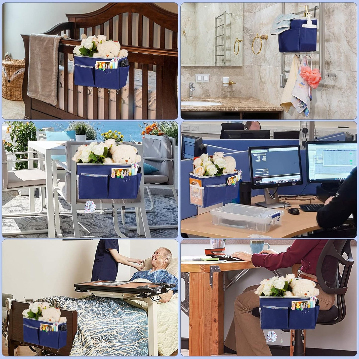 Bedside Storage Organizer 5 Pockets with 4 Hooks Hanging Storage Bag for Headboards/Bunk Bed (Dark Blue)