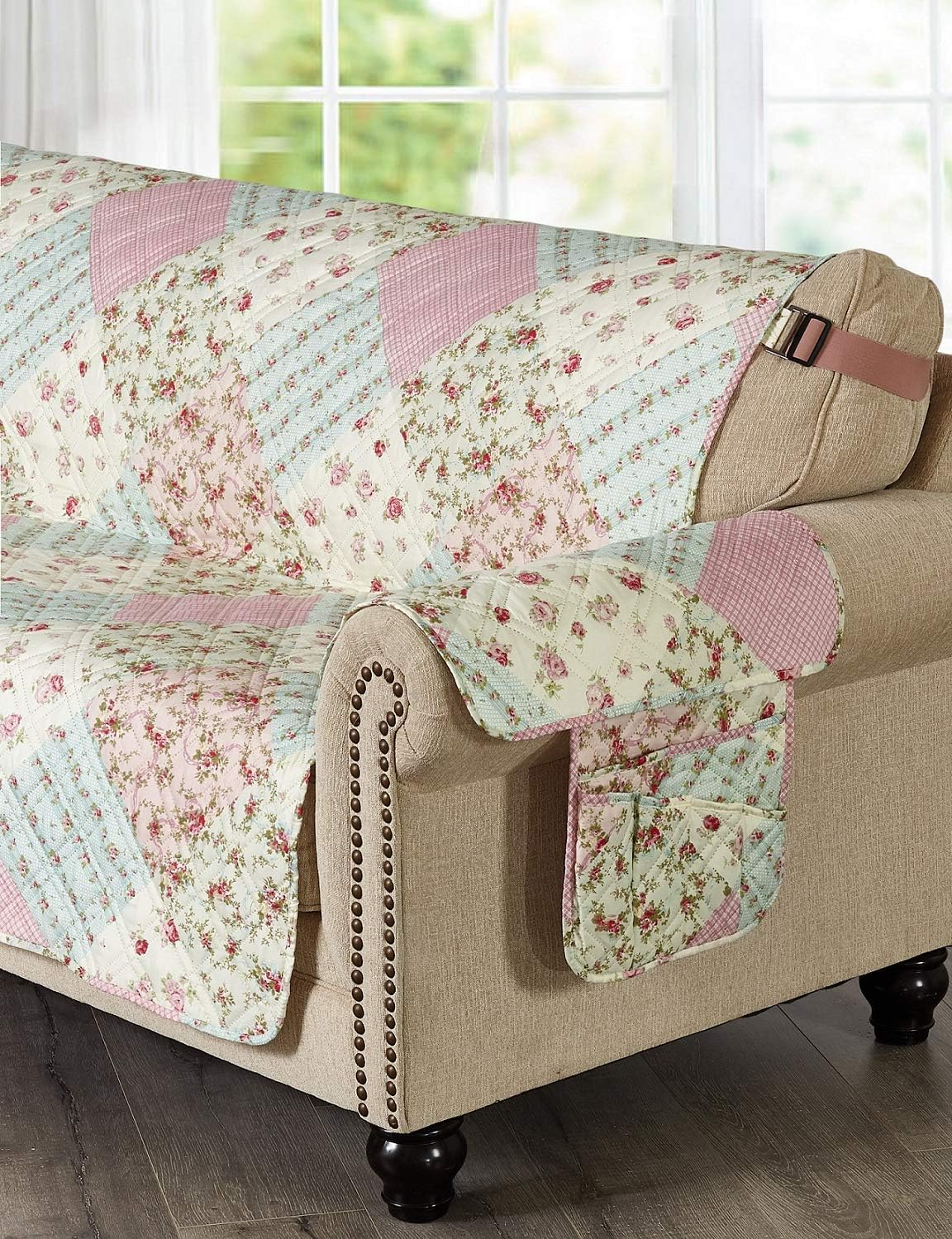 Brilliant Sunshine Pink and Green Rose Patchwork Sofa Armrest 5 Pockets Organizer, Slip Resistant Armchair Caddy, Washable Remote Controls Holder, Storage for Magazine, Tablet, 35×13", Pink Green