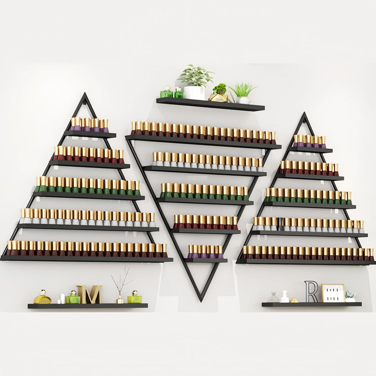 Elegant Gold Wall Mounted Nail Polish Rack - Set of 6 Triangular Cosmetic Display Shelves for Essential Oil Bottles, Organize Your Lipsticks and Perfumes in Style at Home or Salon (Black)