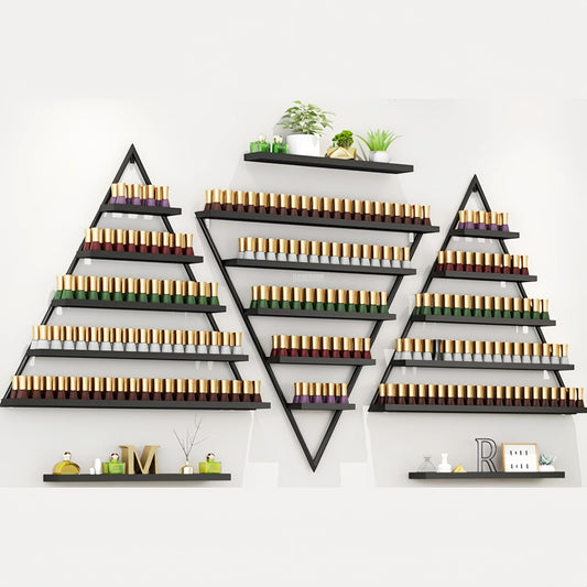Elegant Gold Wall Mounted Nail Polish Rack - Set of 6 Triangular Cosmetic Display Shelves for Essential Oil Bottles, Organize Your Lipsticks and Perfumes in Style at Home or Salon (Black)