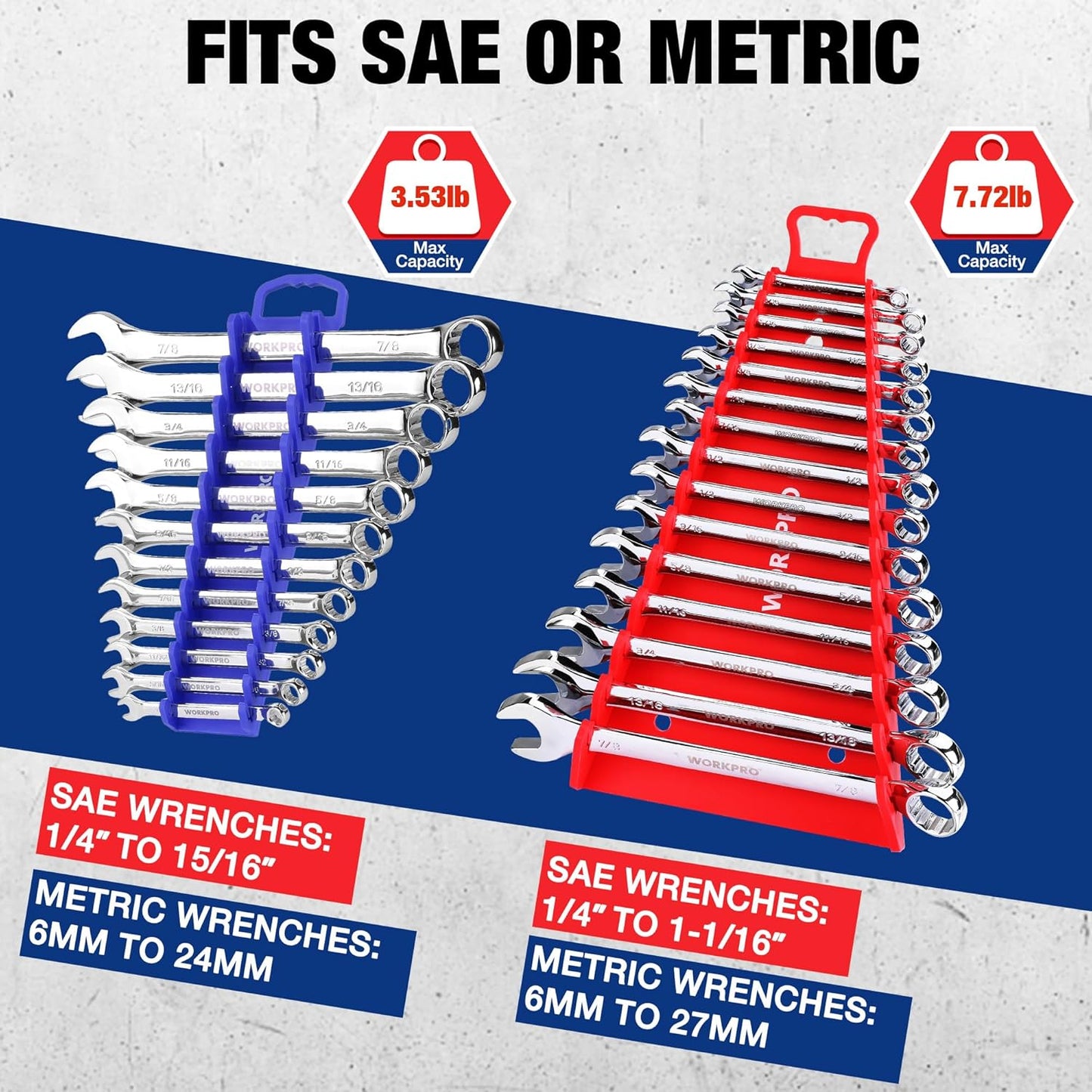 WORKPRO 4-PACK Magnetic Wrench Organizer, 2PC 15-Slot and 2PC 12-Slot Gripper Wrench Holder for Tool Boxes, Flexible Gripping Teeth and Carrying Handle, Fit for SAE and Metric, Blue, Red