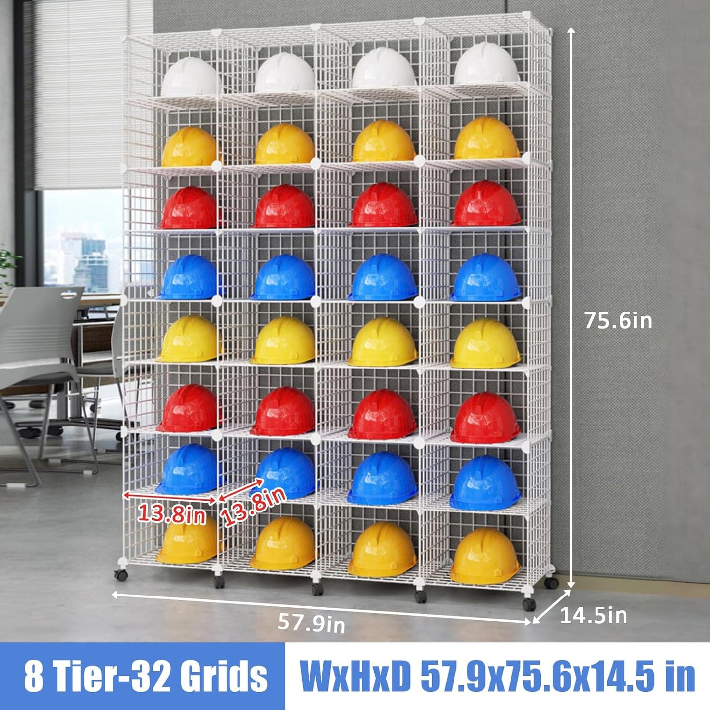 Stackable Safety Helmet Storage Boxes, Large Adjustable Hard Hat Placement Rack with Wheels, Iron Wire Helmet Display Shelf for Construction Site/Workshop/Factory (32 Grids - 8 Layers)
