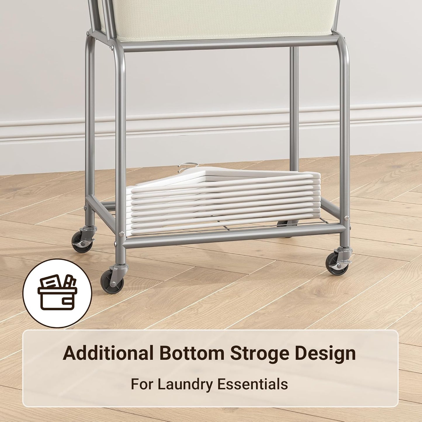 ELYKEN Laundry Cart with Wheels, Rolling Laundry Hamper with Removable Bag and Shelf, Metal Frame Laundry Basket with 4 Casters and 2 Brakes, Ideal for Bedroom, Bathroom, Laundry Room, Cream