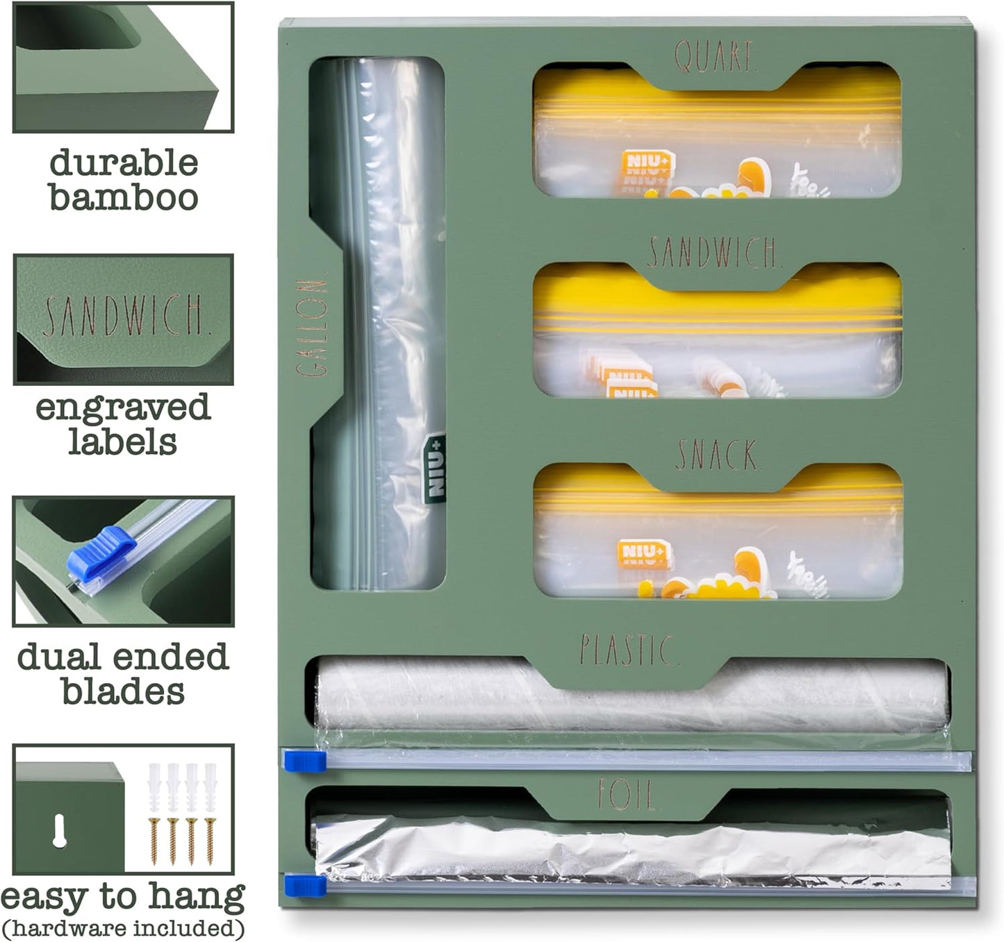 Rae Dunn Bamboo Bag Organizer for Kitchen Drawer - Durable Wood Organizer for Kitchen Storage - Holds Gallon, Quart, Snack, Sandwich Size Baggies, Plastic Wrap and Foil